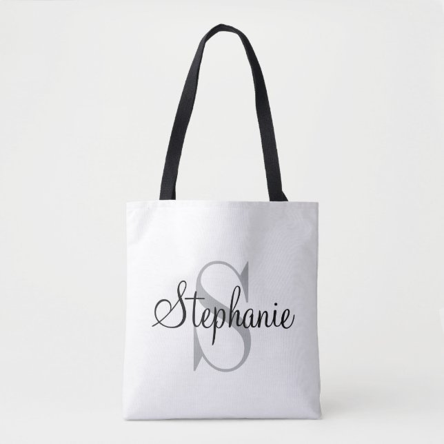 Modern and Elegant Black Personalised Monogram Tote Bag (Front)