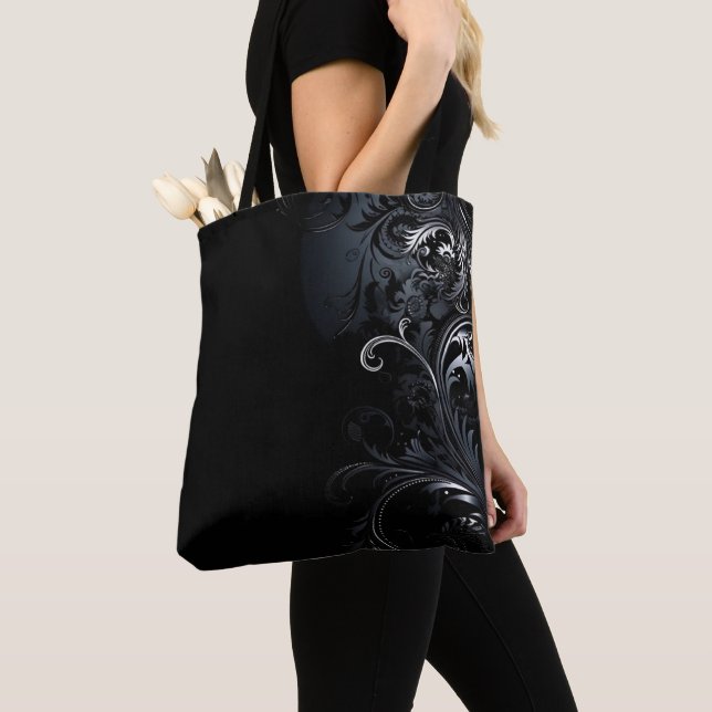 Modern and Elegant Black White Flowers Tote Bag (Close Up)