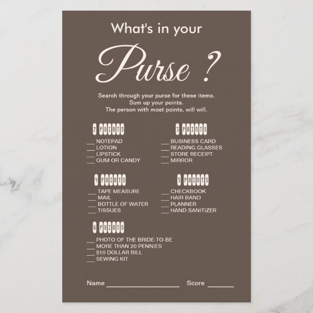 Modern and Elegant Brown Bridal Shower Game (Back)