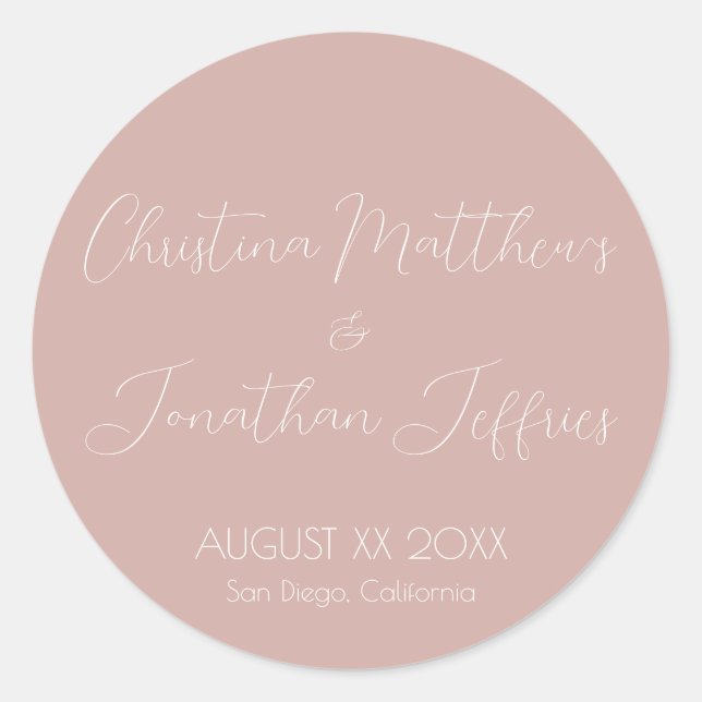 Modern and Elegant Dusty Pink Wedding Classic Round Sticker (Front)