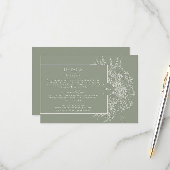 Modern and Elegant Floral Boquet Details Card (Front/Back In Situ)