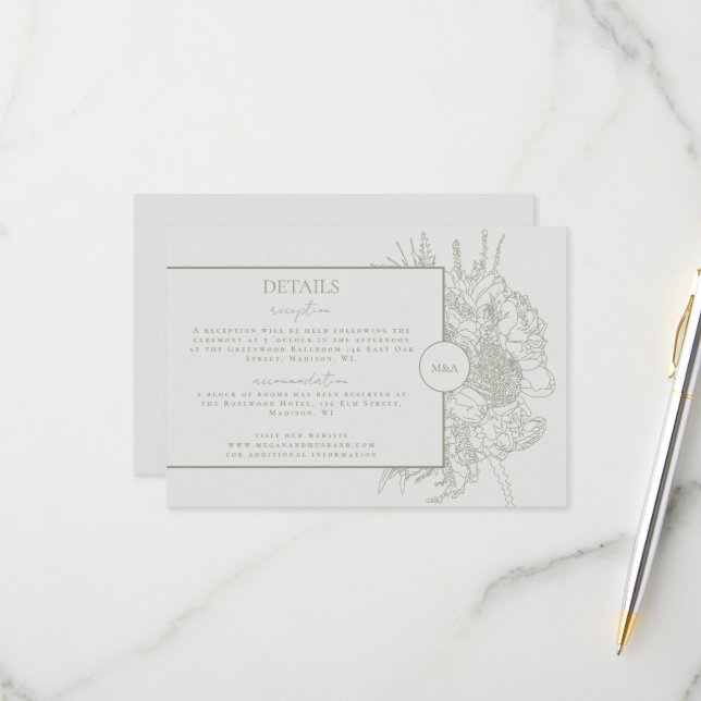 Modern and Elegant Floral Boquet Details Card (Front/Back In Situ)