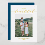 Modern and Elegant Script Happy Hanukkah Photo Foil Holiday Card<br><div class="desc">Happy Hanukkah! Send Hanukkah wishes to family and friends with this customisable gold foil Hanukkah card. It features elegant calligraphy and simple typography. Personalise by adding names and a photo. This elegant Happy Hanukkah card is available on other cardstock.</div>