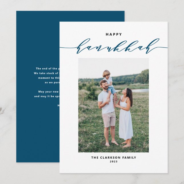 Modern and Elegant Script Happy Hanukkah Photo Holiday Card (Front/Back)