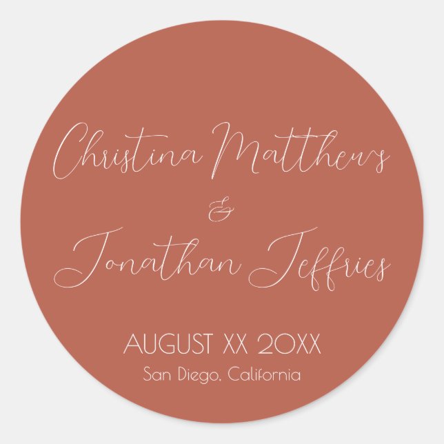 Modern and Elegant Terracotta Wedding Classic Round Sticker (Front)