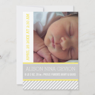 Modern and elegant yellow, grey striped baby birth announcement