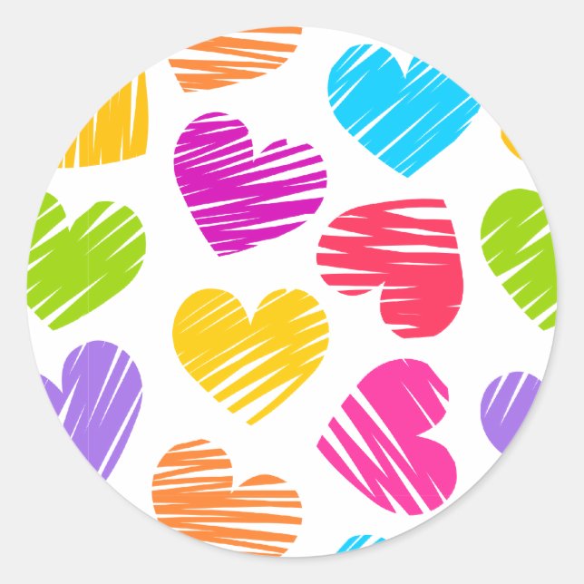 Modern and Girly Vibrant Doodled Hearts Pattern Classic Round Sticker (Front)