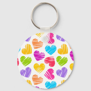 Modern and Girly Vibrant Doodled Hearts Pattern Key Ring