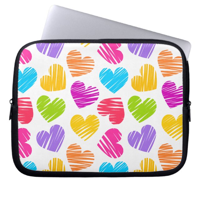 Modern and Girly Vibrant Doodled Hearts Pattern Laptop Sleeve (Front)