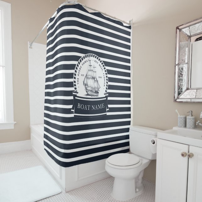 Modern and Luxury Nautical Boat name Shower Curtain (In Situ)