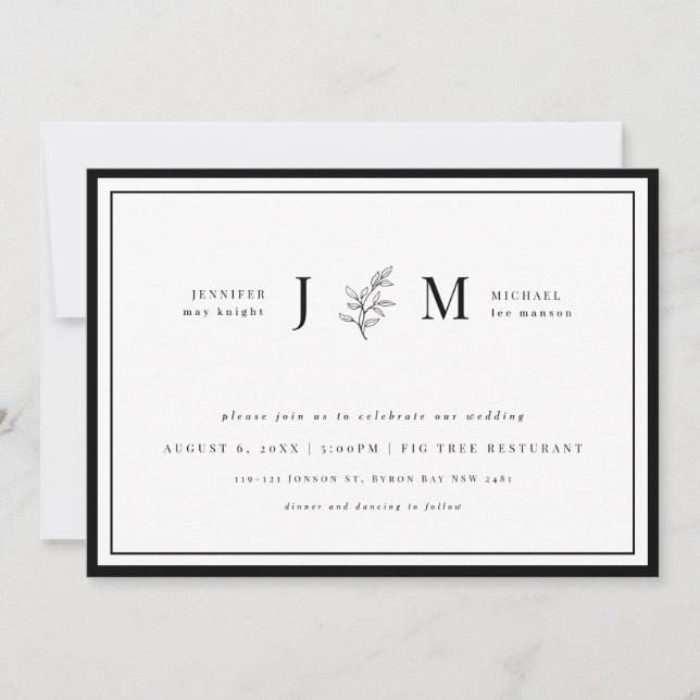 Modern and minimalist black and white foliage invi invitation (Front)