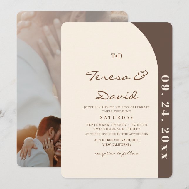 Modern and Minimalist Cream & Brown Wedding Invitation (Front/Back)