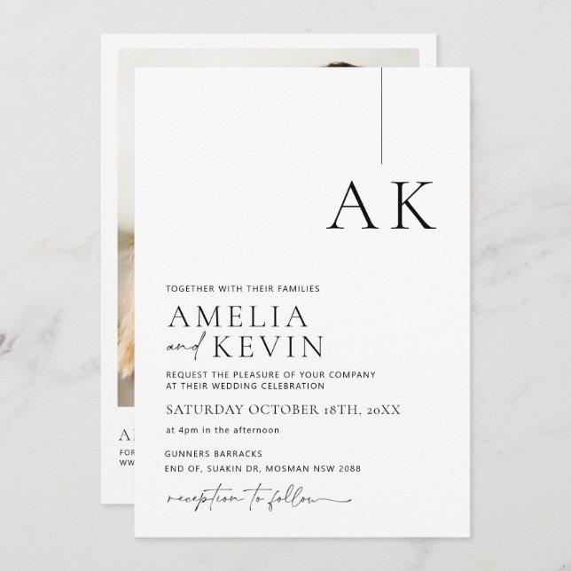 Modern and minimalist photo wedding invitation (Front/Back)