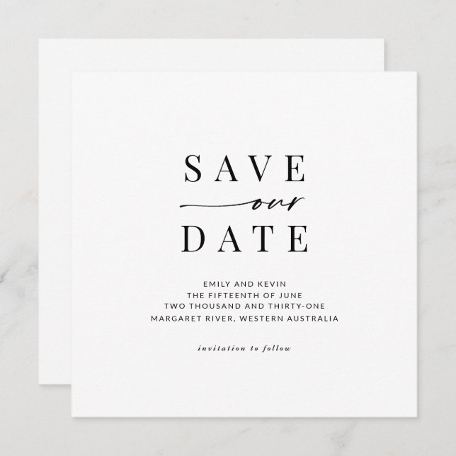 Modern and minimalist square save the date invitation (Front/Back)