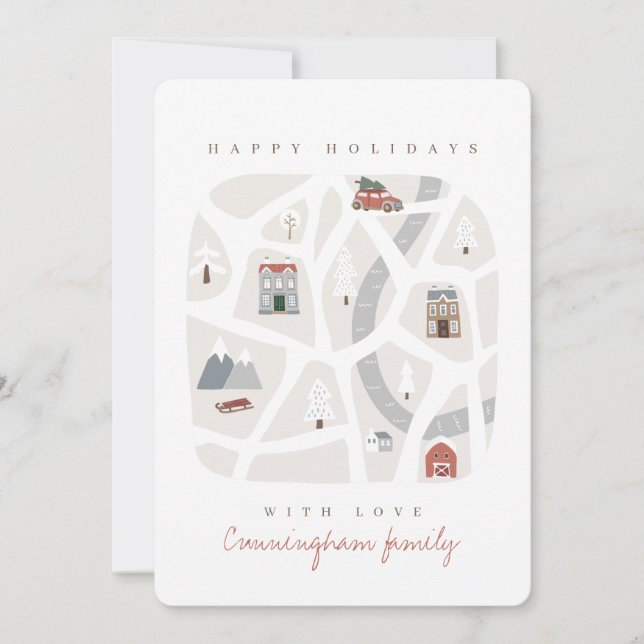 Modern and Simple Elegant Winter Village Scene Holiday Card (Front)