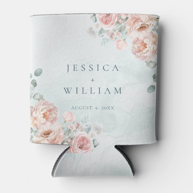 Modern and Trendy Blue Rose Wedding Can Cooler (Front)