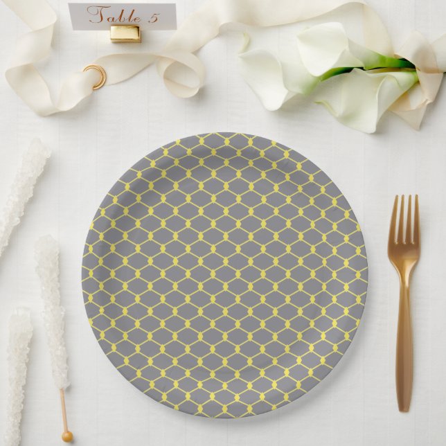 Modern and Trendy Grey and Yellow Chain Link  Paper Plate (Wedding)