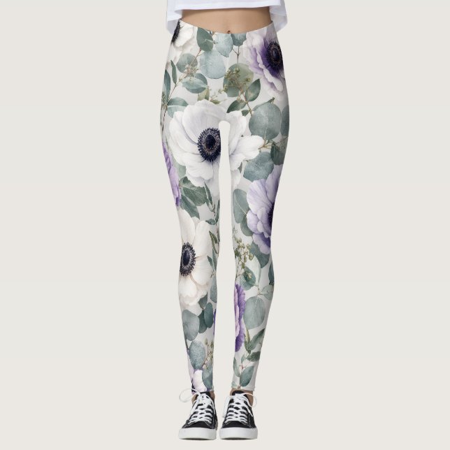 Modern Anemone and Eucalyptus Design Leggings (Front)
