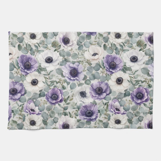 Modern Anemone and Eucalyptus Design Tea Towel (Horizontal)