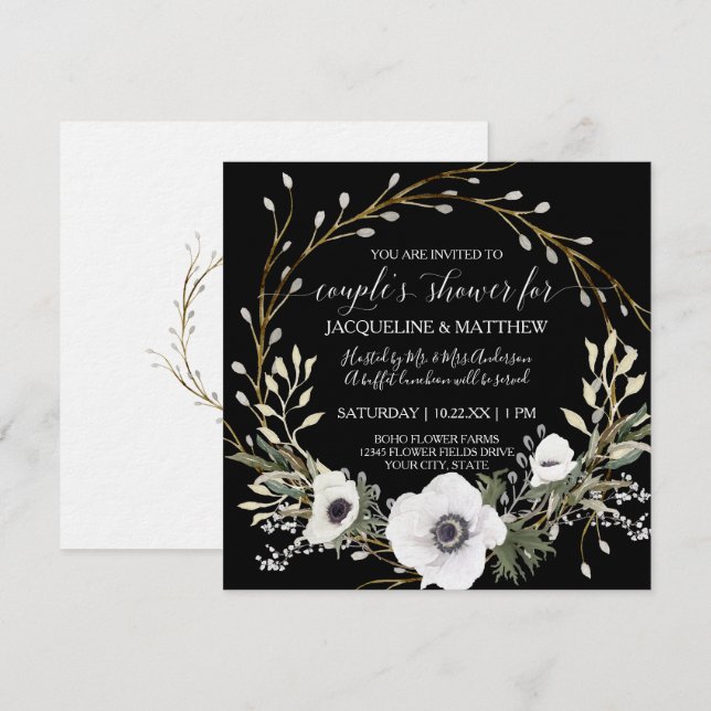 Modern Anemone Wreath Black White Couples Shower  Invitation (Front/Back)