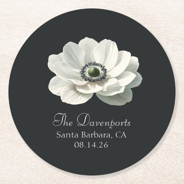 Modern Anenome Flower Wedding Black & White Formal Round Paper Coaster (Front)