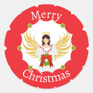 Modern Angel Merry Christmas Red Wreath Classic Round Sticker
