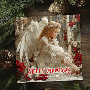 Modern angelic angel red gold festive beautiful  holiday card