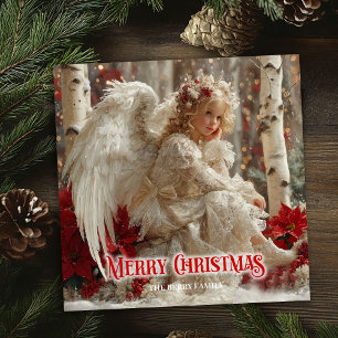 Modern angelic angel red gold festive radiation  holiday card