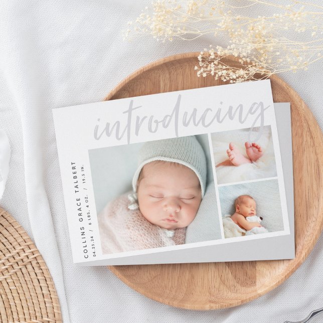 Modern Angle | Three Photo Collage Birth Announcement (Creator Uploaded)