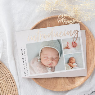 Modern Angle   Three Photo Foil Birth Announcement