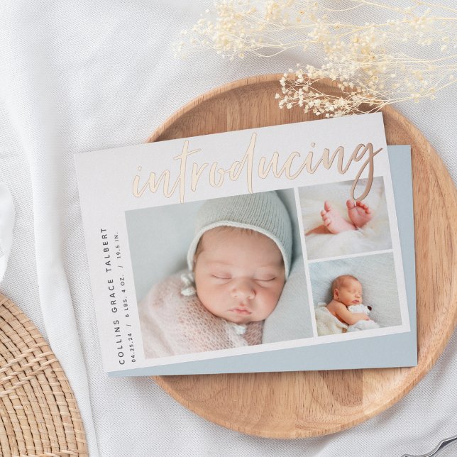 Modern Angle | Three Photo Foil Birth Announcement (Creator Uploaded)