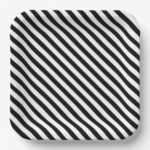 Modern Angled Black and White Stripes Paper Plate
