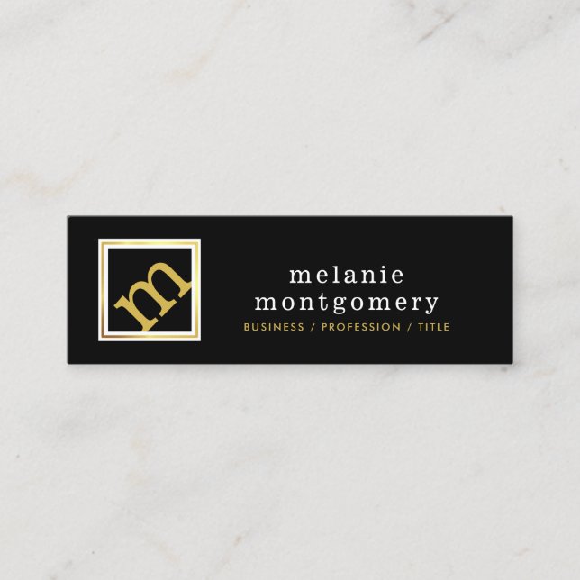 Modern Angled Monogram, Editable Black and Gold Mini Business Card (Front)