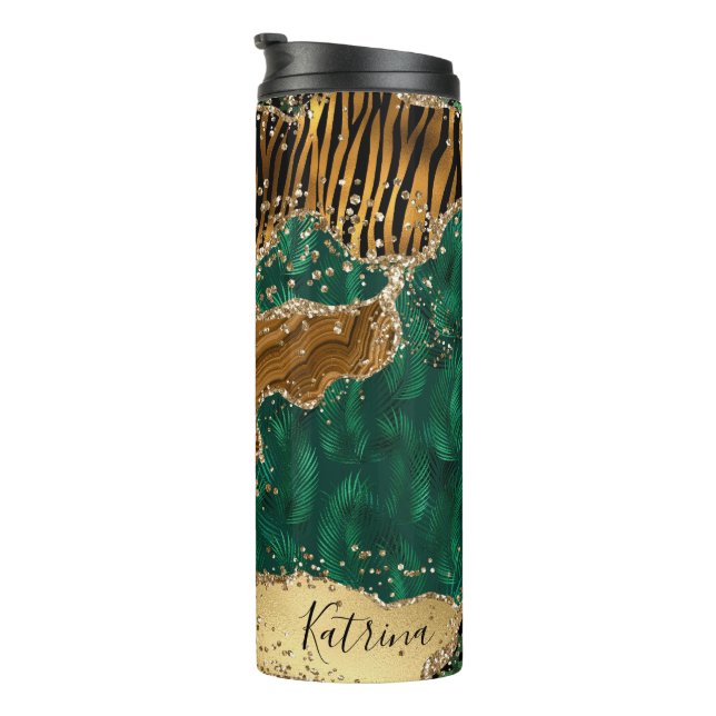 Modern Animal Print Green Agate Glitter  Thermal Tumbler (Rotated Right)