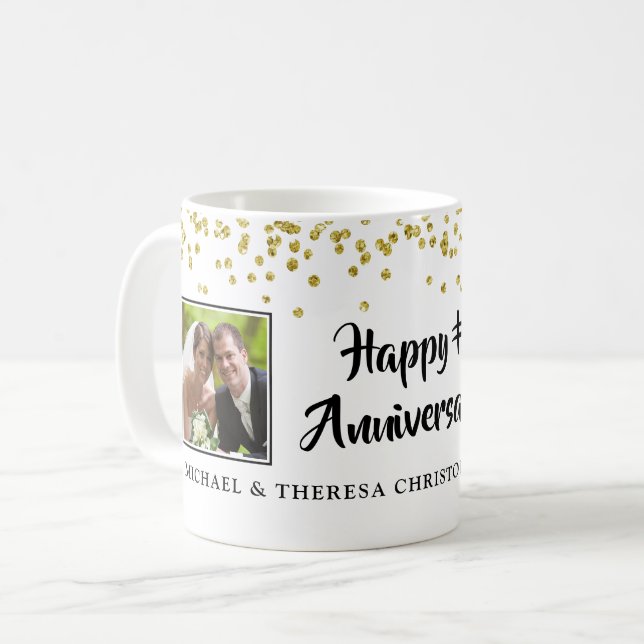 Modern Anniversary 2 Photos Gold Confetti Names Coffee Mug (Front Left)