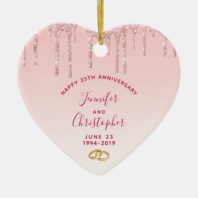 Modern Anniversary Pink Glitter Drips Ceramic Tree Decoration (Front)