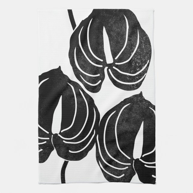 Modern anthurium black and white  tea towel (Vertical)