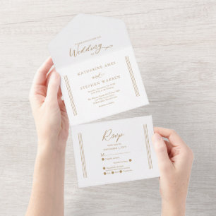 Modern Antique Gold   White Minimalist Wedding All In One Invitation