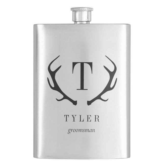Modern Antler Personalised Bridal Party Gift Hip Flask (Front)