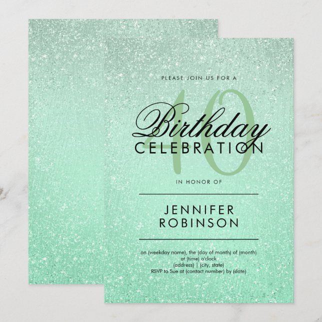 Modern Any Age Birthday Mint Glitter Paint Look Invitation (Front/Back)