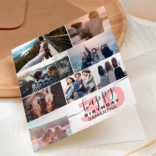 Modern any age birthday pink 8 photos collage grid card (Creator Uploaded)