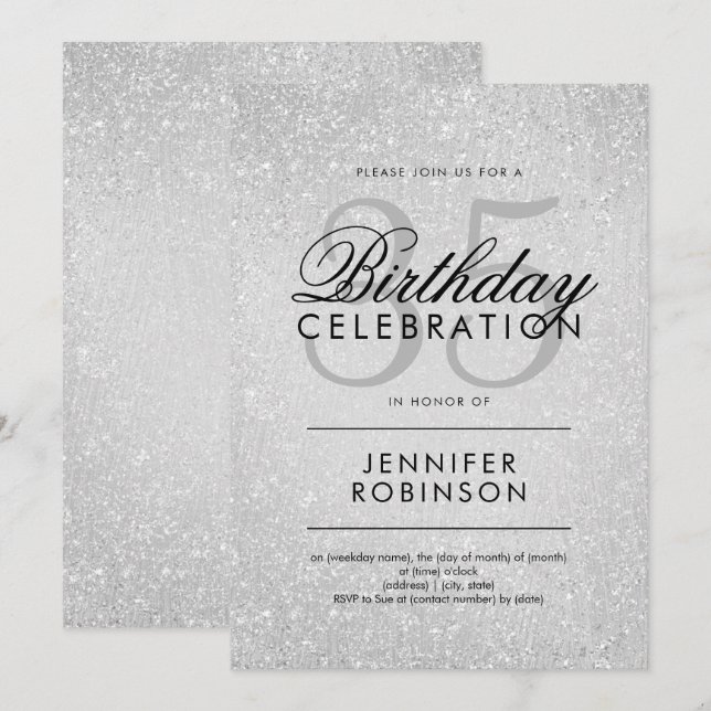 Modern Any Age Birthday Silver Glitter Paint Look Invitation (Front/Back)