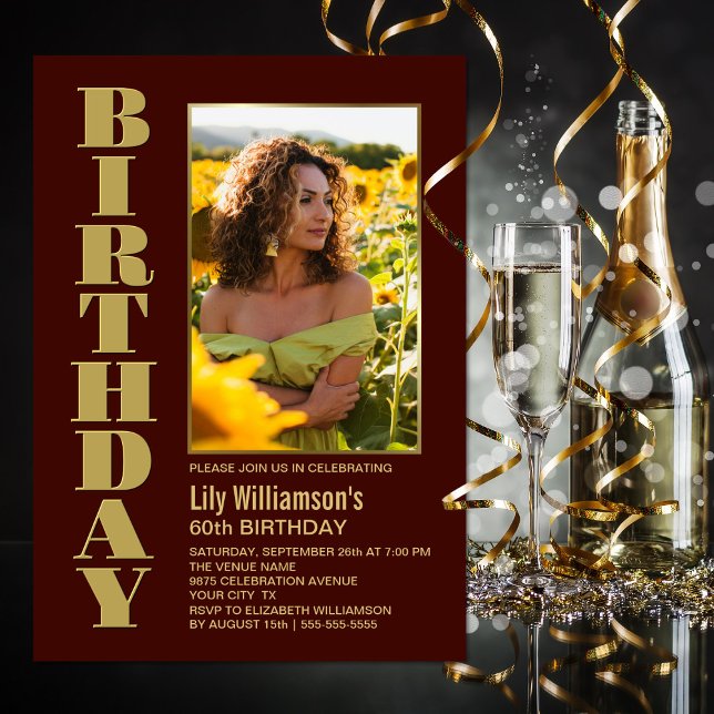 Modern Any Age Burgundy Gold Photo Birthday Party Invitation (Creator Uploaded)