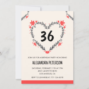 Modern Any age Floral Heart for her 36th birthday Invitation