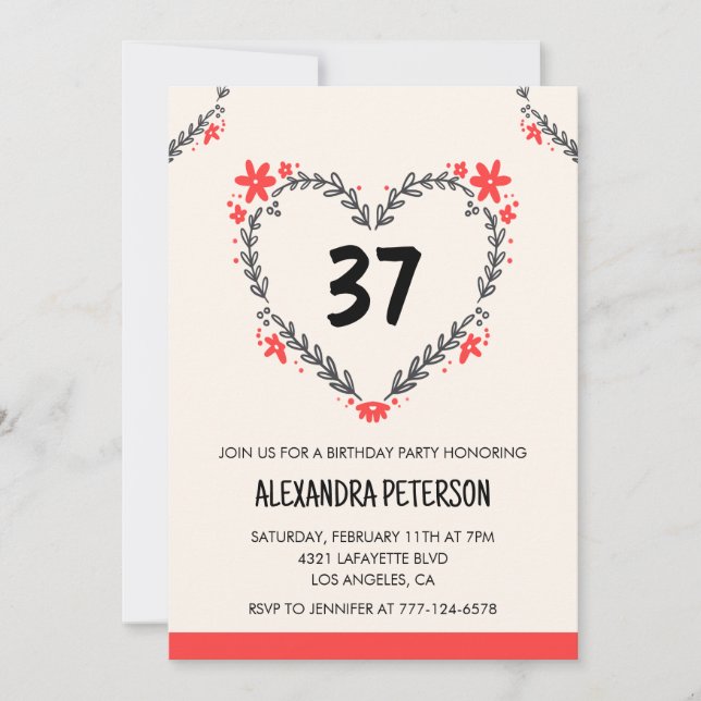 Modern Any age Floral Heart for her 37th birthday Invitation (Front)