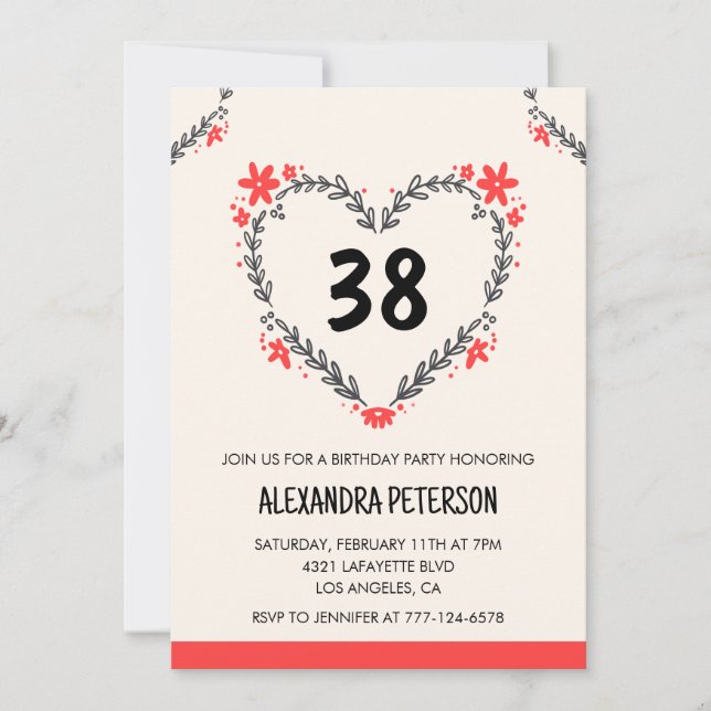 Modern Any age Floral Heart for her 38th birthday Invitation (Front)