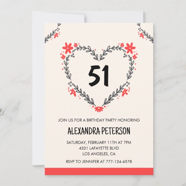 Modern Any age Floral Heart for her 51st birthday Invitation (Front)