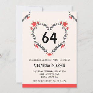 Modern Any age Floral Heart for her 64th birthday Invitation