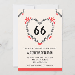 Modern Any age Floral Heart for her 66th birthday Invitation