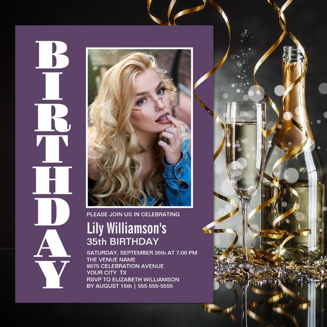 Modern Any Age Lavender White Photo Birthday Party Invitation (Creator Uploaded)